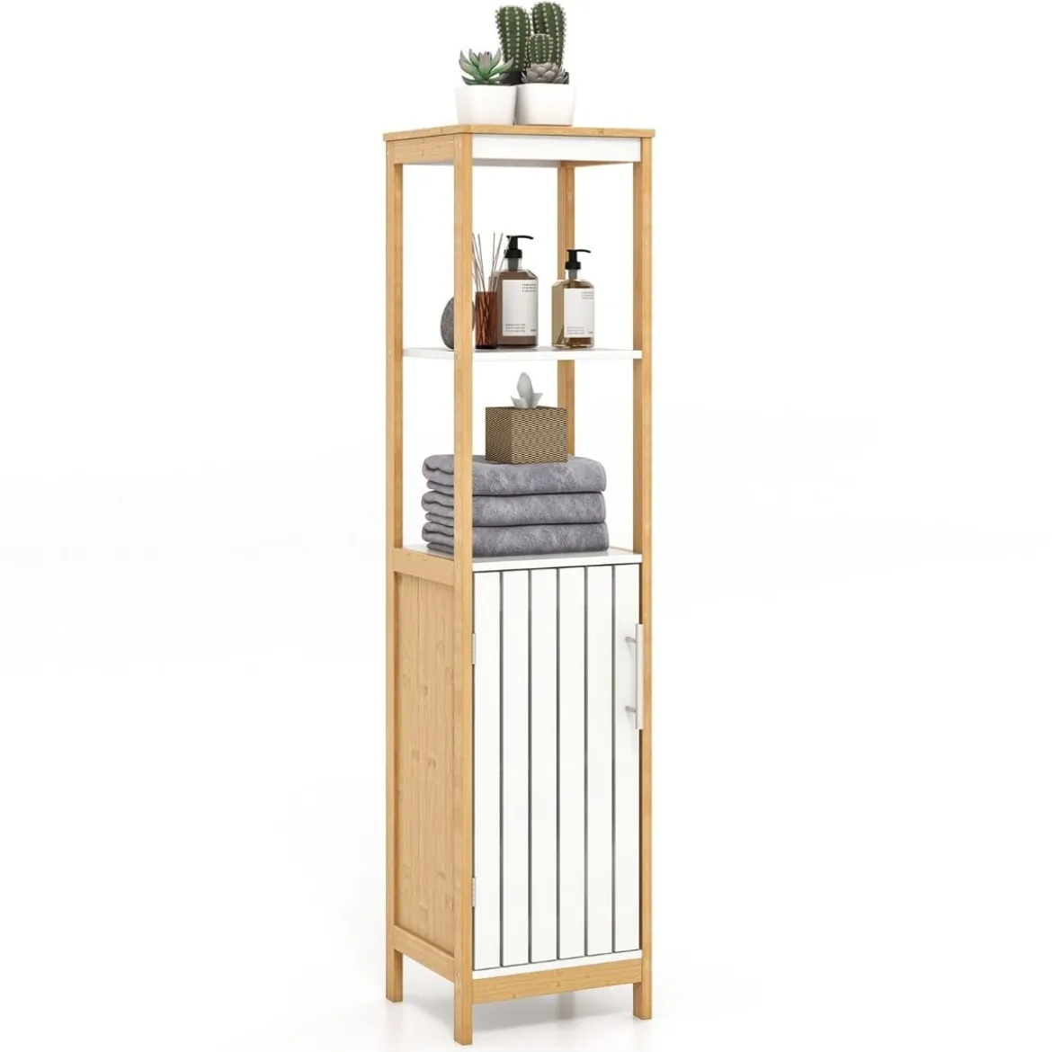 Badezimmerschrank schmal mit Lamellentür und verstellbarem Regal Badschrank Bambus Natur