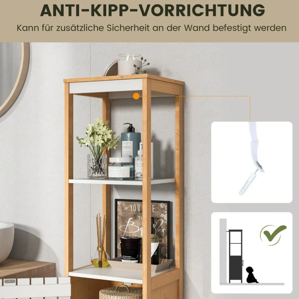 Badezimmerschrank schmal mit Lamellentür und verstellbarem Regal Badschrank Bambus Natur