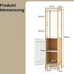 Badezimmerschrank schmal mit Lamellentür und verstellbarem Regal Badschrank Bambus Natur
