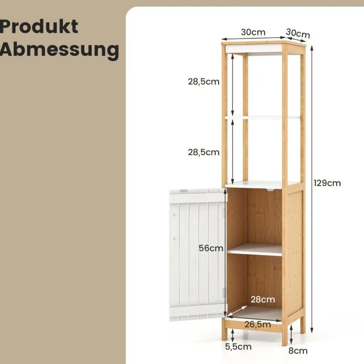 Badezimmerschrank schmal mit Lamellentür und verstellbarem Regal Badschrank Bambus Natur