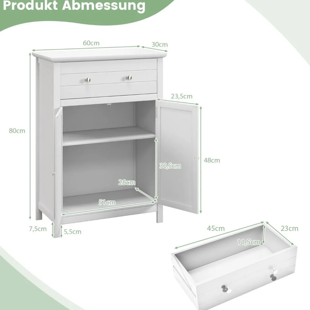 Badezimmerschrank Sideboard mit Schublade Badschrank Kommode freistehend Aufbewahrungsschrank Weiß