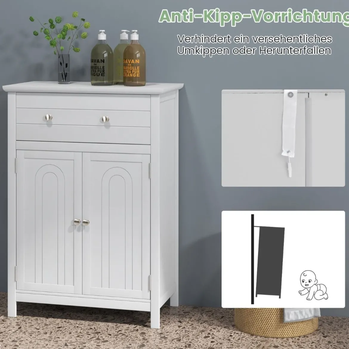 Badezimmerschrank Sideboard mit Schublade Badschrank Kommode freistehend Aufbewahrungsschrank Weiß
