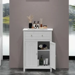 Badezimmerschrank Sideboard mit Schublade Badschrank Kommode freistehend Aufbewahrungsschrank Weiß