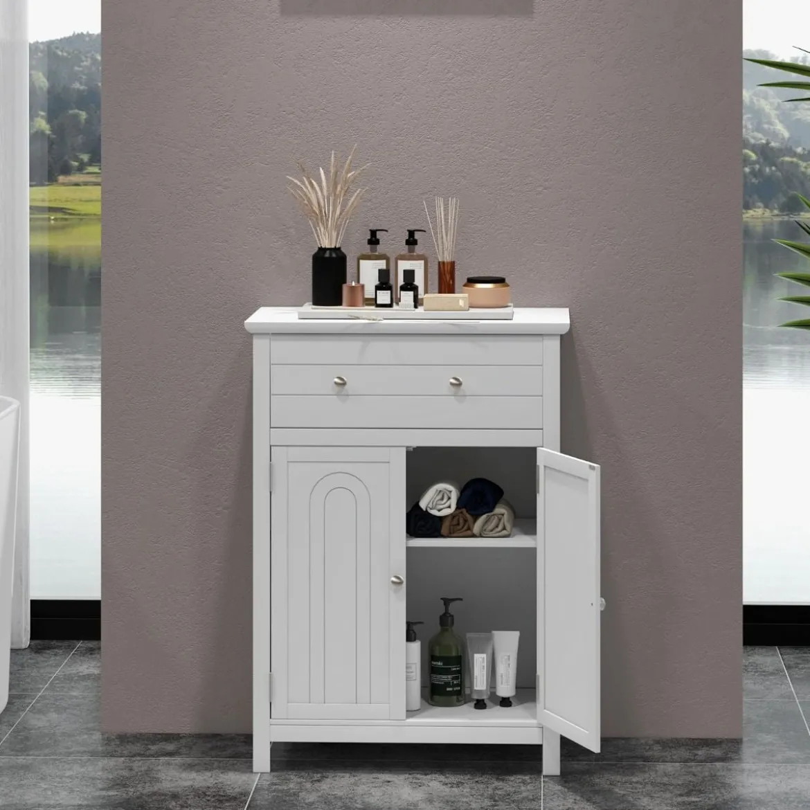 Badezimmerschrank Sideboard mit Schublade Badschrank Kommode freistehend Aufbewahrungsschrank Weiß