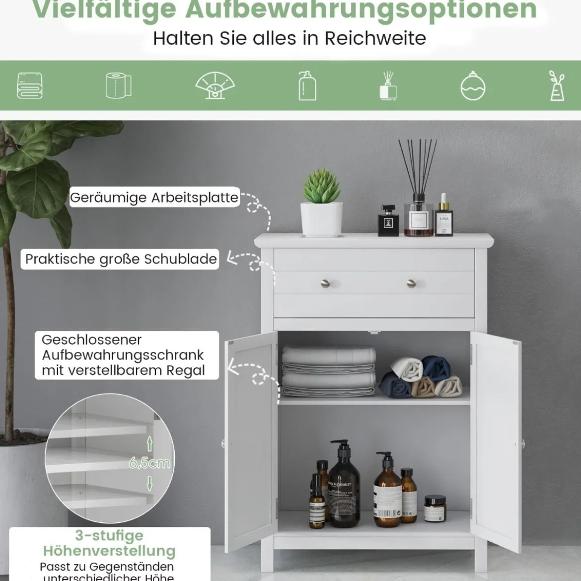 Badezimmerschrank Sideboard mit Schublade Badschrank Kommode freistehend Aufbewahrungsschrank Weiß