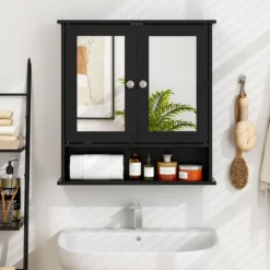 Badezimmer Spiegelschrank mit Höhenverstellbarer Ablage Badschrank mit Spiegel Schwarz