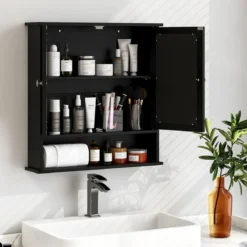 Badezimmer Spiegelschrank mit Höhenverstellbarer Ablage Badschrank mit Spiegel Schwarz