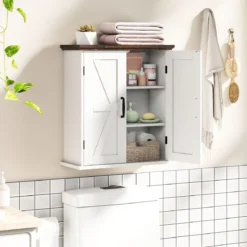 Badezimmer Wandschrank mit 2 Türen & Verstellbaren Regalen Bauernhaus Hängeschrank Weiß