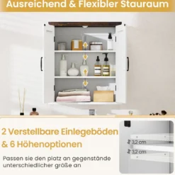 Badezimmer Wandschrank mit 2 Türen & Verstellbaren Regalen Bauernhaus Hängeschrank Weiß