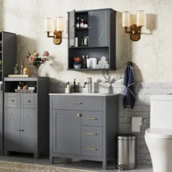Bad Hängeschrank mit 2Türen & Offener Ablage & Verstellbarem Regal Badschrank Grau