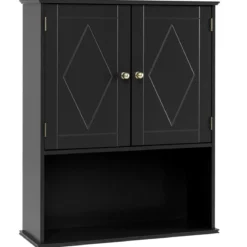 Bad Hängeschrank mit 2Türen & Offener Ablage & Verstellbarem Regal Badschrank Schwarz