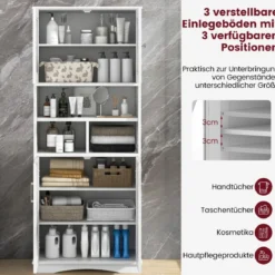 Bad Hochschrank mit Verstellbaren Regalen & Türen & 3 Fächern & Kippschutz Badschrank