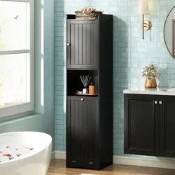 Bad Hochschrank mit Wäschekorb & Verstellbarem Regal Badezimmerschrank Badschrank Schwarz