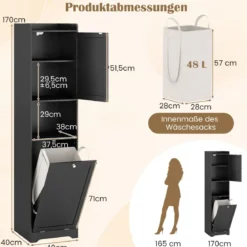 Bad Hochschrank mit Wäschekorb & Verstellbarem Regal Badezimmerschrank Badschrank Schwarz