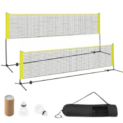 Badmintonnetz mit Ständer Federballnetz höhenverstellbar mit 2 Federbällen & Tragetasche 420 x 102 x 89–155 cm Gelb