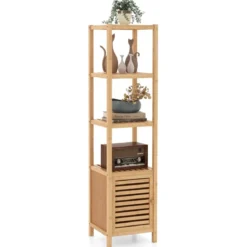Badregal Bambus Standregal mit 4 Ebenen Regalen und Lamellentür 34 x 33 x 140 cm Natur