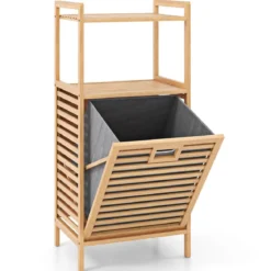 Badregal mit 43 L Ausklappbarer Wäschekorb Regal aus Bambus Badschrank mit 2 Ablagen Natur 43,5 x 33 x 96 cm