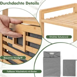 Badregal mit 43 L Ausklappbarer Wäschekorb Regal aus Bambus Badschrank mit 2 Ablagen Natur 43,5 x 33 x 96 cm