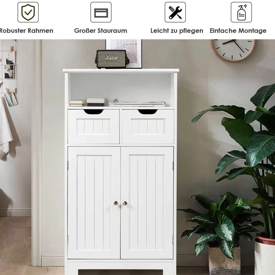 Badschrank Badezimmer Schrank mit höhenverstellbarer Ablage Freistehend Badkommode Weiß