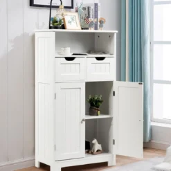 Badschrank Badezimmer Schrank mit höhenverstellbarer Ablage Freistehend Badkommode Weiß