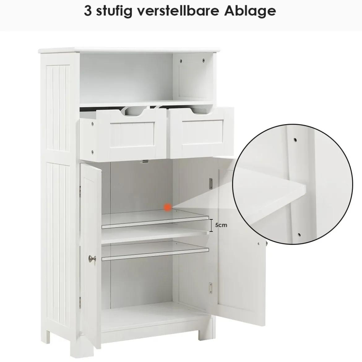 Badschrank Badezimmer Schrank mit höhenverstellbarer Ablage Freistehend Badkommode Weiß