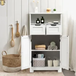 Badschrank Badezimmer Schrank mit höhenverstellbarer Ablage Freistehend Badkommode Weiß