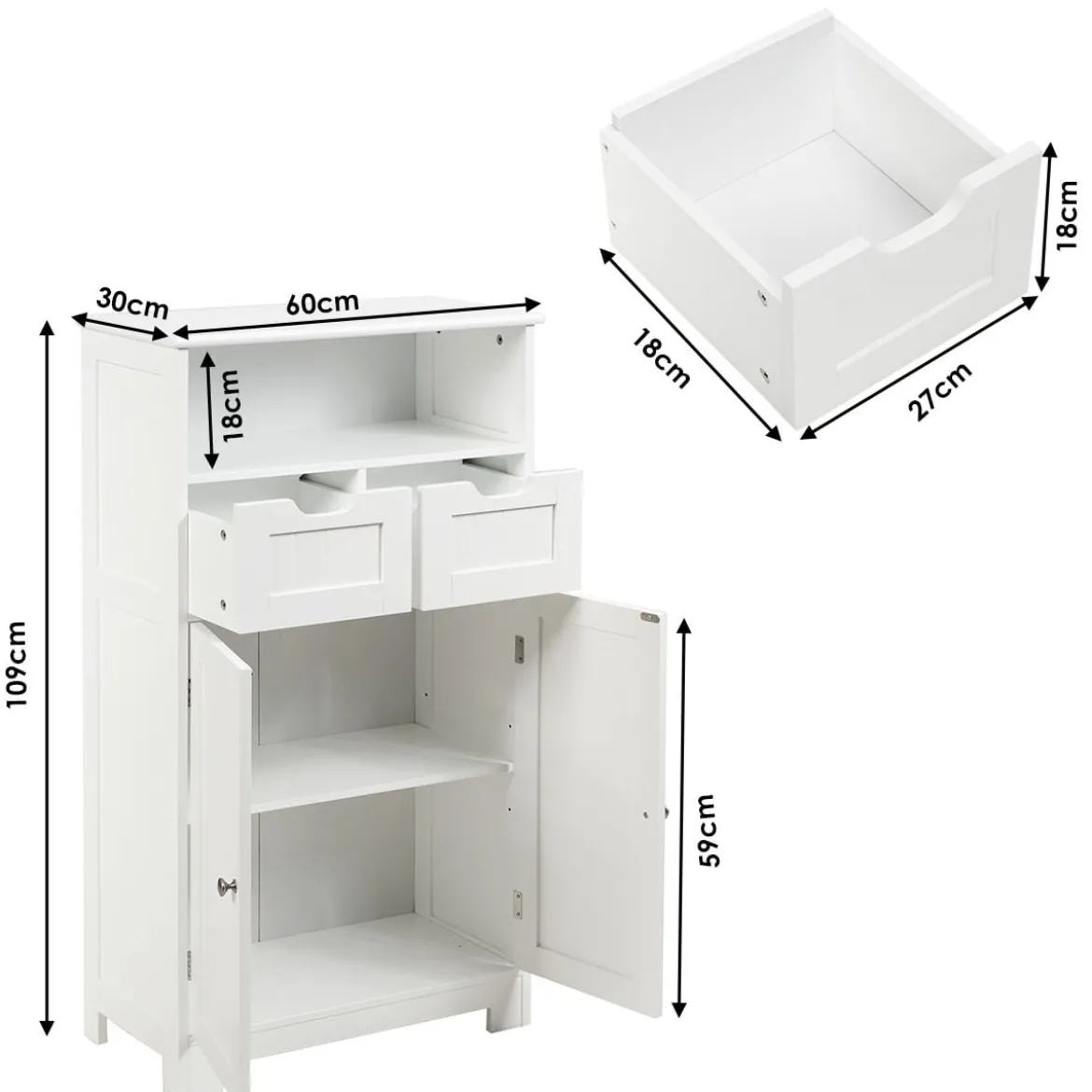 Badschrank Badezimmer Schrank mit höhenverstellbarer Ablage Freistehend Badkommode Weiß