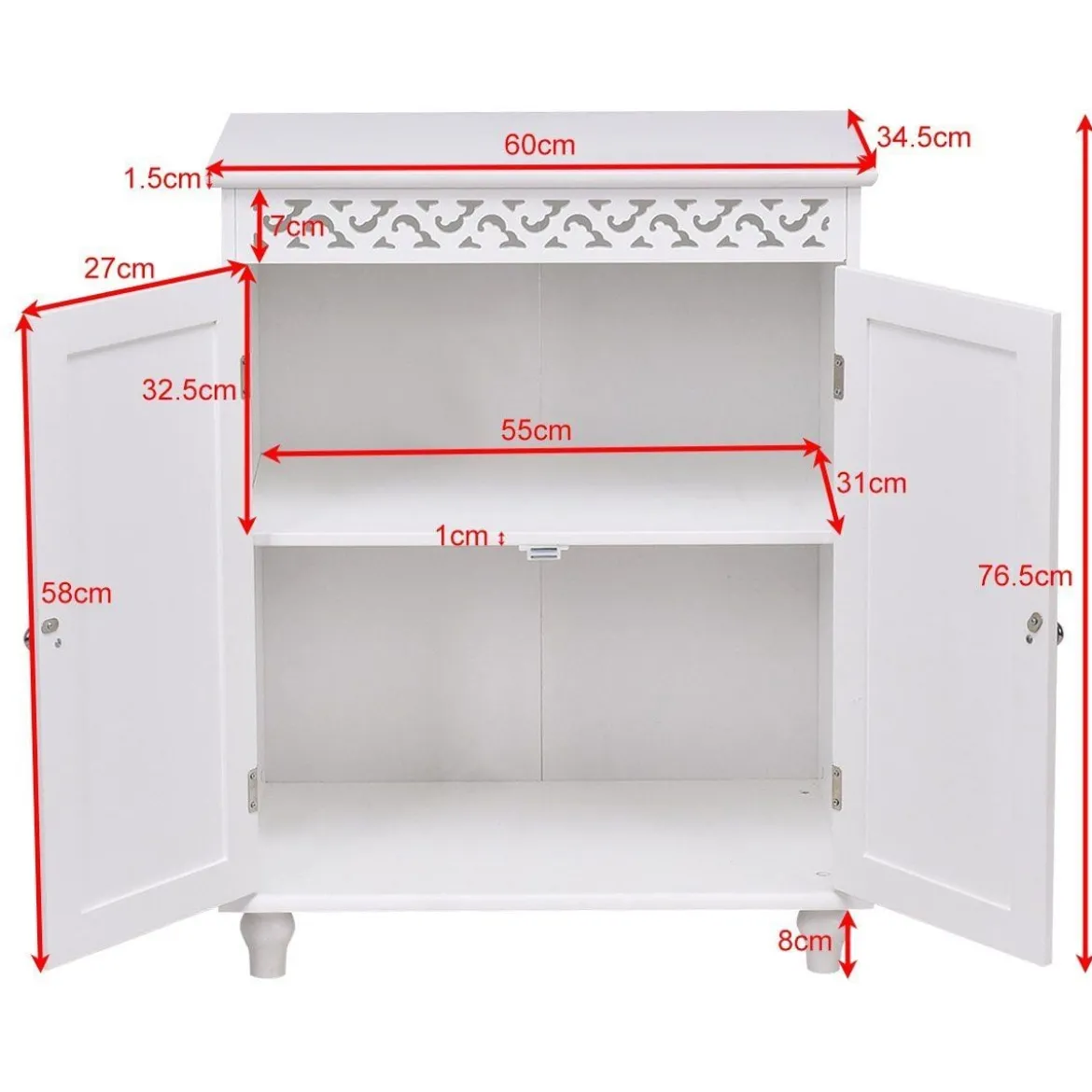 Badschrank Holz Anrichte Beistellschrank mit Ablage Weiß 60 x 34,5 x 76,5 cm