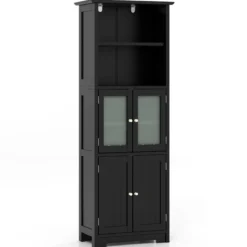 Badschrank mit Glastüren 2 offenen Fächern und verstellbaren Regalen Grau/Schwarz/Weiß