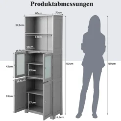 Badschrank mit Glastüren 2 offenen Fächern und verstellbaren Regalen Grau/Schwarz/Weiß