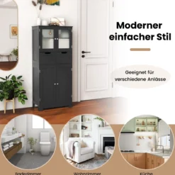 Badschrank mit 2 Schubladen und 4 Türen Badezimmerschrank mit verstellbaren Regalen Schwarz