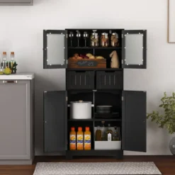 Badschrank mit 2 Schubladen und 4 Türen Badezimmerschrank mit verstellbaren Regalen Schwarz