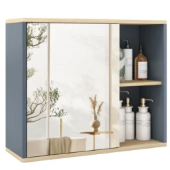Badschrank mit Spiegel & Verstellbarem Regal & Seitenfächer Wandmontierter Badezimmerschrank