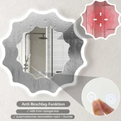 Badspiegel mit Anti-Beschlage Spiegelheizung Welle-Design LED-Spiegel Wandspiegel 60 x 60 cm