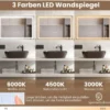 Badspiegel mit Anti-Beschlage Uhr Touchschalter & Memory-Funktion Spiegelheizung LED Spiegel dimmbar 3000K-6000K 75 x 50 cm