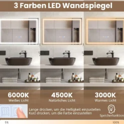 Badspiegel mit Anti-Beschlage Uhr Touchschalter & Memory-Funktion Spiegelheizung LED Spiegel dimmbar 3000K-6000K 75 x 50 cm