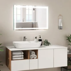 Badspiegel mit Anti-Beschlage Uhr Touchschalter & Memory-Funktion Spiegelheizung LED Spiegel dimmbar 3000K-6000K 75 x 50 cm