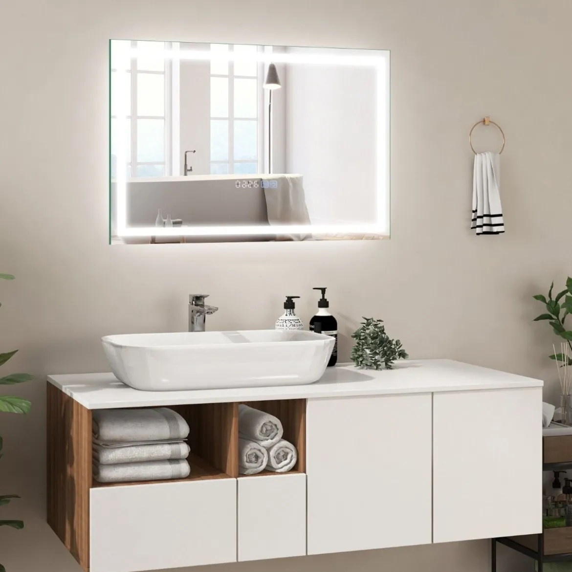 Badspiegel mit Anti-Beschlage Uhr Touchschalter & Memory-Funktion Spiegelheizung LED Spiegel dimmbar 3000K-6000K 75 x 50 cm