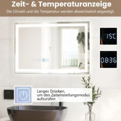 Badspiegel mit Anti-Beschlage Uhr Touchschalter & Memory-Funktion Spiegelheizung LED Spiegel dimmbar 3000K-6000K 75 x 50 cm