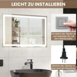 Badspiegel mit Anti-Beschlage Uhr Touchschalter & Memory-Funktion Spiegelheizung LED Spiegel dimmbar 3000K-6000K 75 x 50 cm