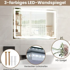 Badspiegel mit Anti-Beschlage Uhr Touchschalter & Memory-Funktion Spiegelheizung LED Spiegel dimmbar 3000K-6000K 75 x 50 cm