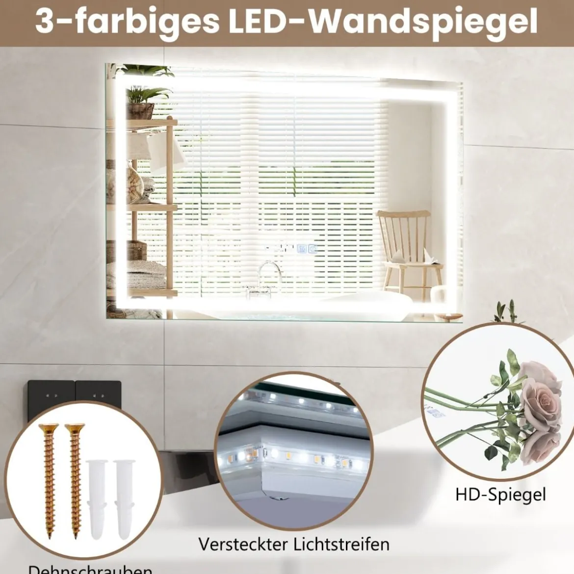 Badspiegel mit Anti-Beschlage Uhr Touchschalter & Memory-Funktion Spiegelheizung LED Spiegel dimmbar 3000K-6000K 75 x 50 cm