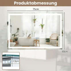 Badspiegel mit Anti-Beschlage Uhr Touchschalter & Memory-Funktion Spiegelheizung LED Spiegel dimmbar 3000K-6000K 75 x 50 cm