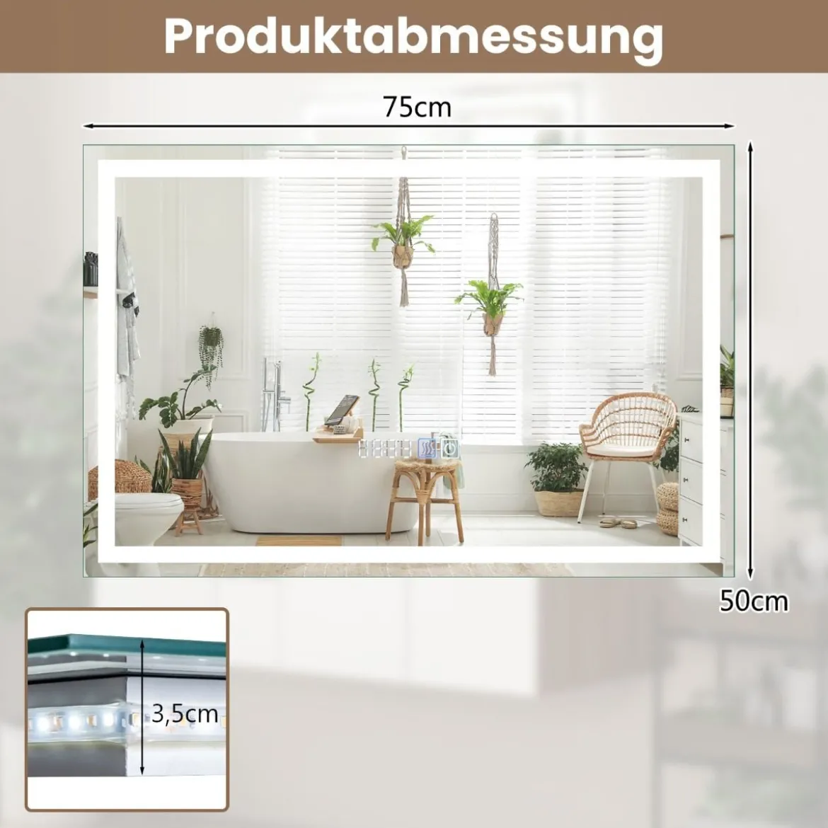 Badspiegel mit Anti-Beschlage Uhr Touchschalter & Memory-Funktion Spiegelheizung LED Spiegel dimmbar 3000K-6000K 75 x 50 cm