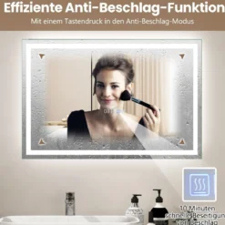 Badspiegel mit Anti-Beschlage Uhr Touchschalter & Memory-Funktion Spiegelheizung LED Spiegel dimmbar 3000K-6000K 75 x 50 cm