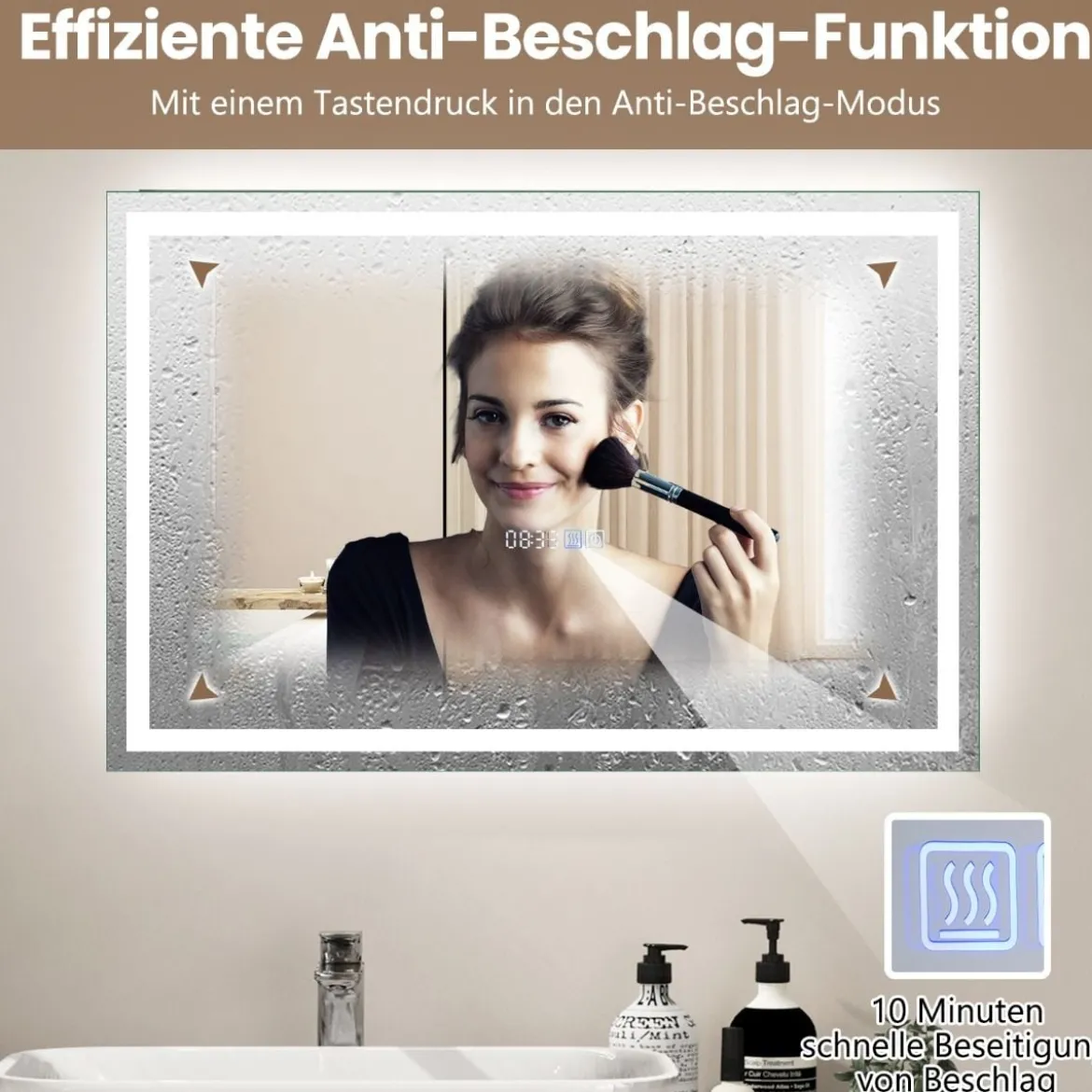 Badspiegel mit Anti-Beschlage Uhr Touchschalter & Memory-Funktion Spiegelheizung LED Spiegel dimmbar 3000K-6000K 75 x 50 cm