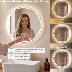 Badspiegel mit Beleuchtung 50 cm Runder LED Badezimmerspiegel Dimmbar mit 3 Lichtfarben