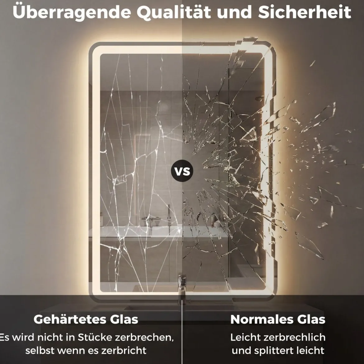 Badspiegel mit LED Beleuchtung & Anti-Beschlag Wandspiegel aus Gehärtetes Glas 70 x 50 x 3 cm
