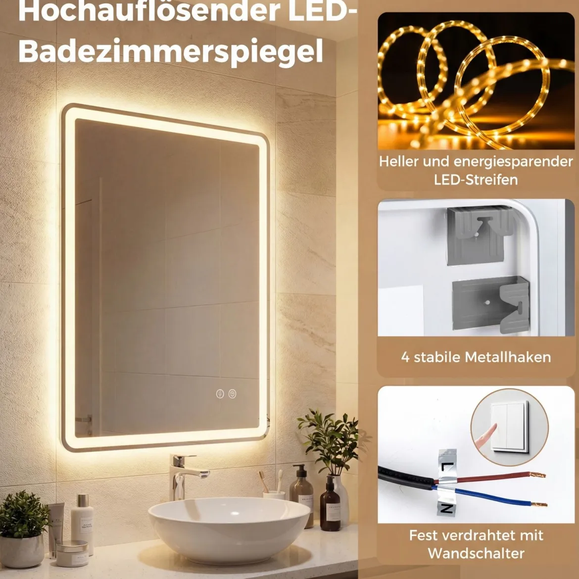 Badspiegel mit LED Beleuchtung & Anti-Beschlag Wandspiegel aus Gehärtetes Glas 70 x 50 x 3 cm