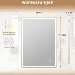 Badspiegel mit LED Beleuchtung & Anti-Beschlag Wandspiegel aus Gehärtetes Glas 70 x 50 x 3 cm